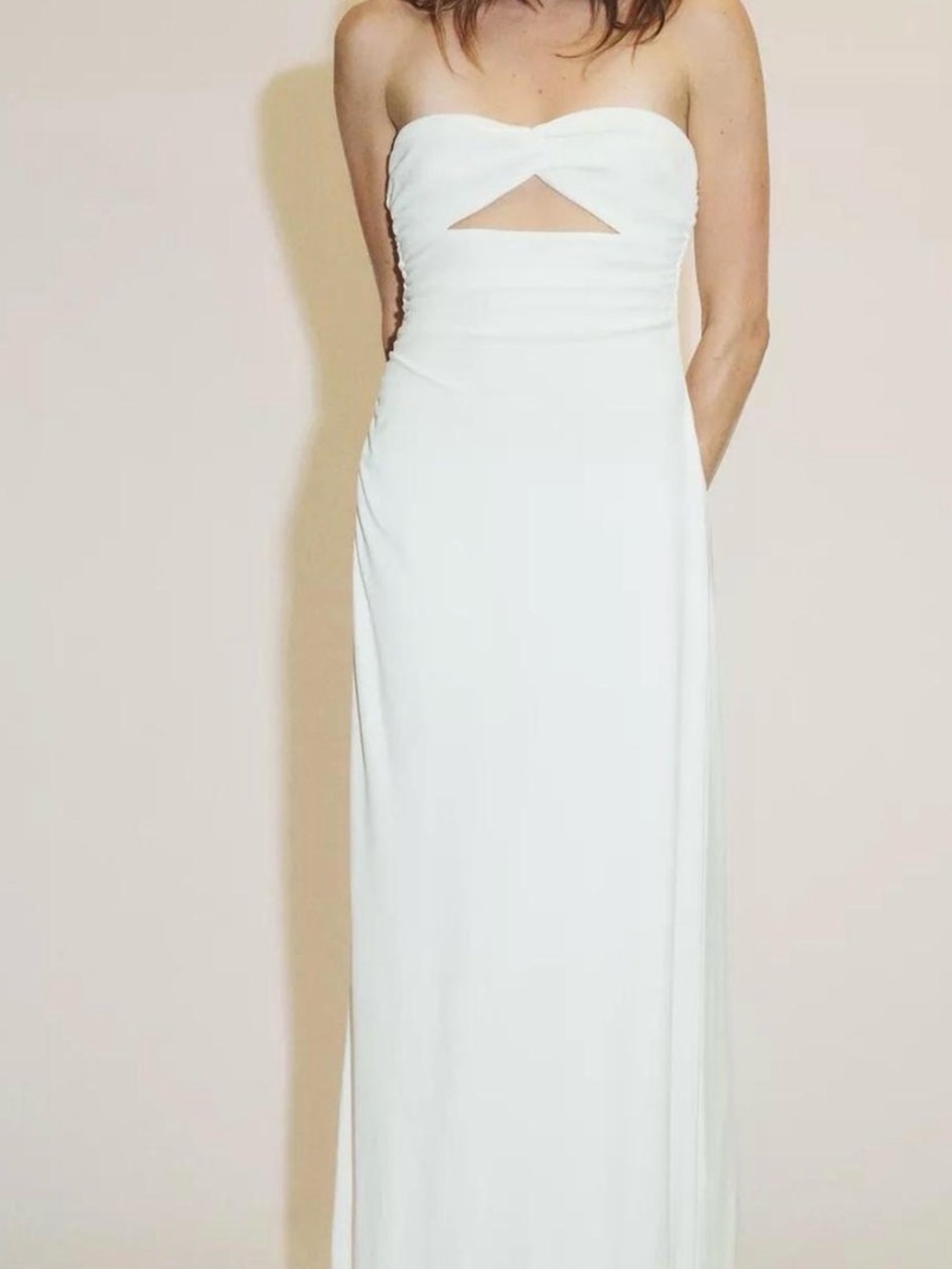 Zara White Strapless Maxi Dress with Front Cutout